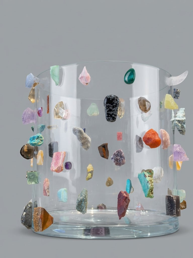 Jarrón escultórico de cristal con 58 incrustaciones de piedras variadas.