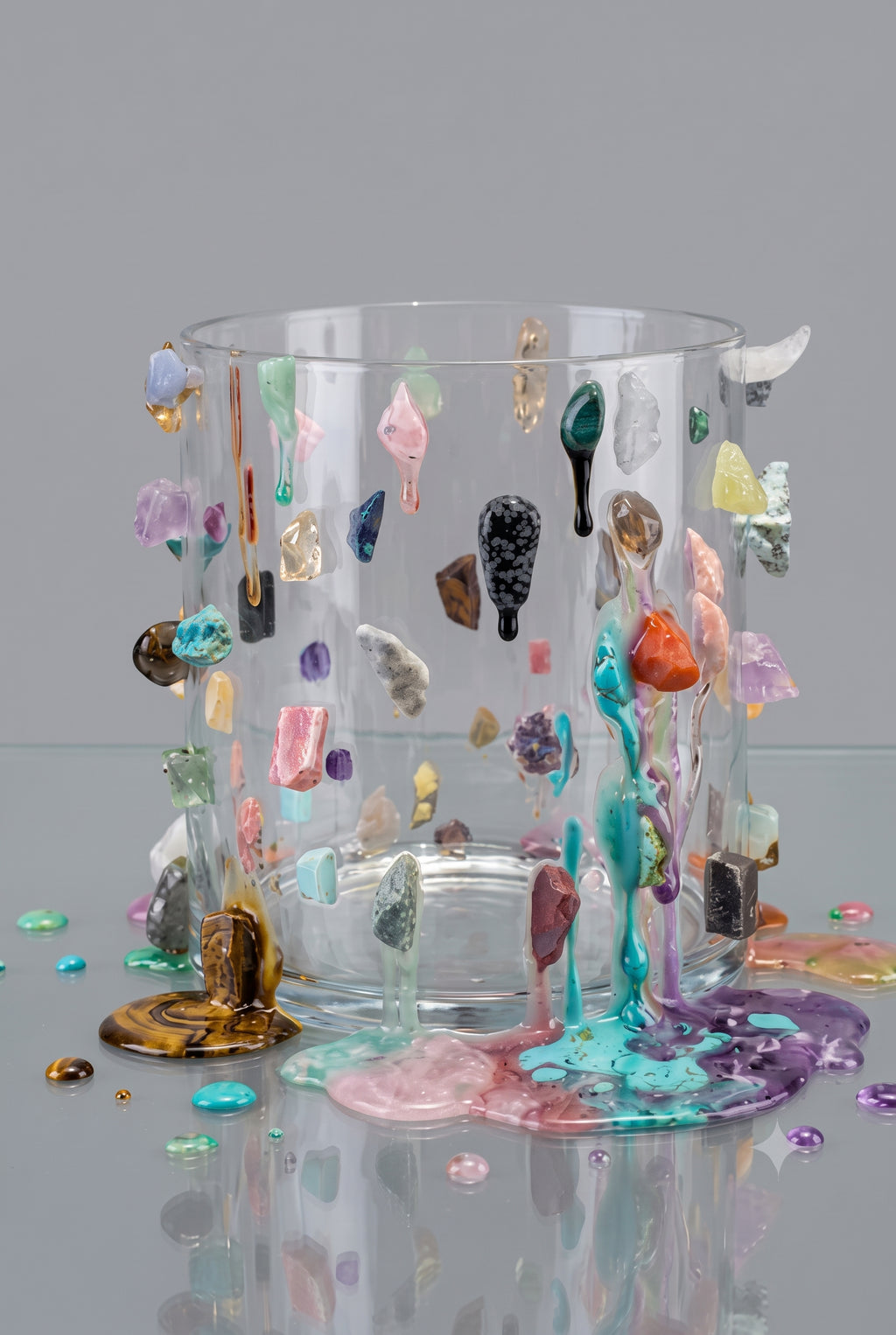 Jarrón escultórico de cristal con 58 incrustaciones de piedras variadas.