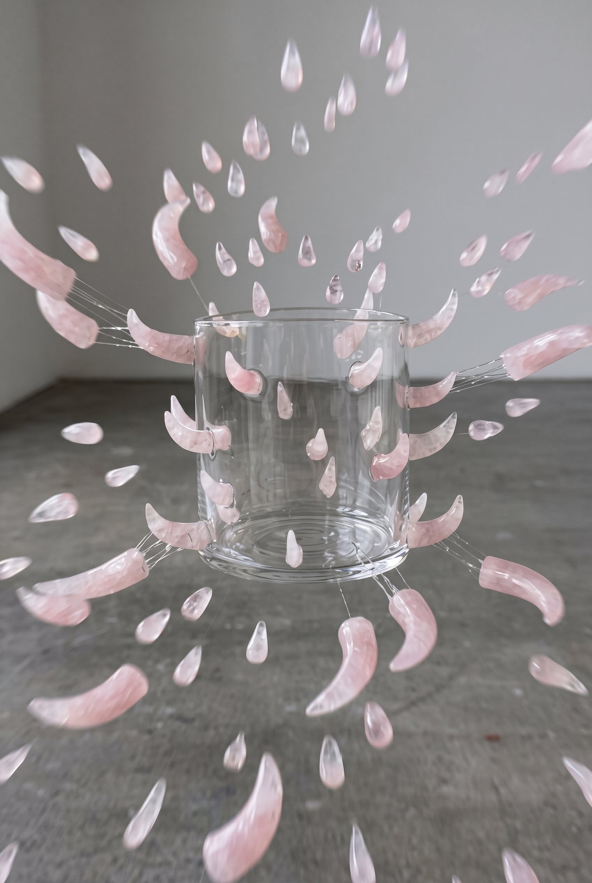 Jarrón escultórico de cristal con 29 incrustaciones de cuarzo rosa.