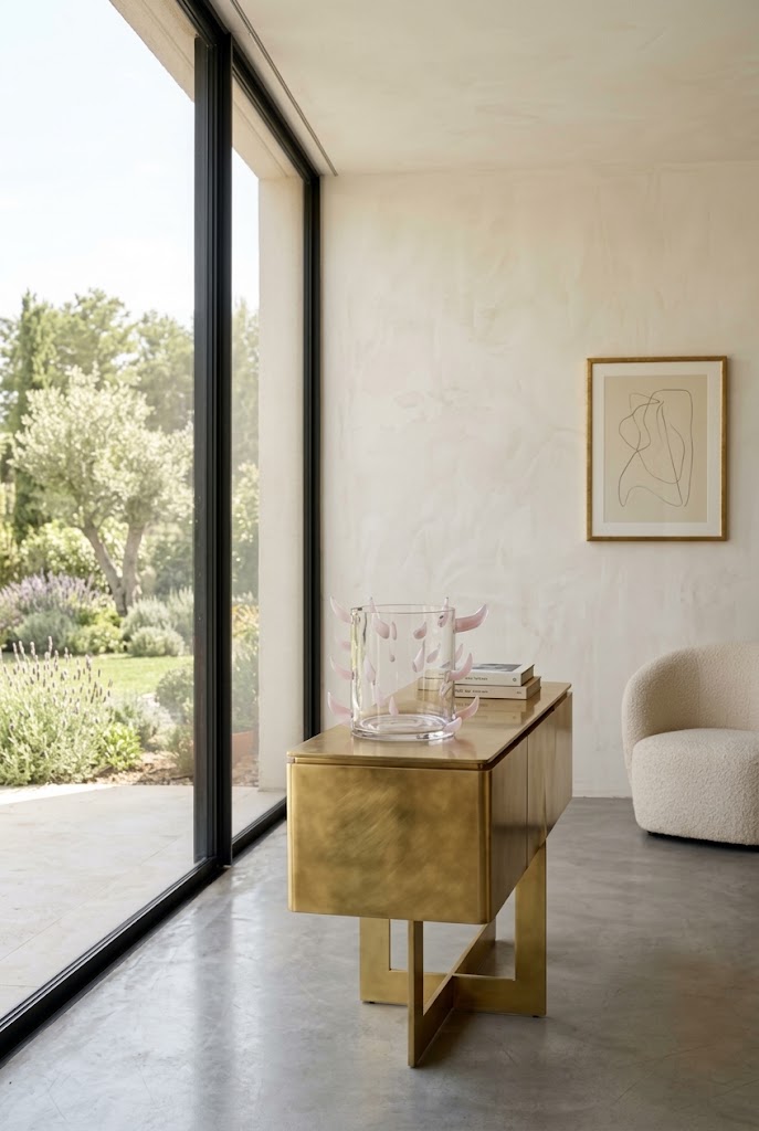Jarrón escultórico de cristal con 29 incrustaciones de cuarzo rosa.